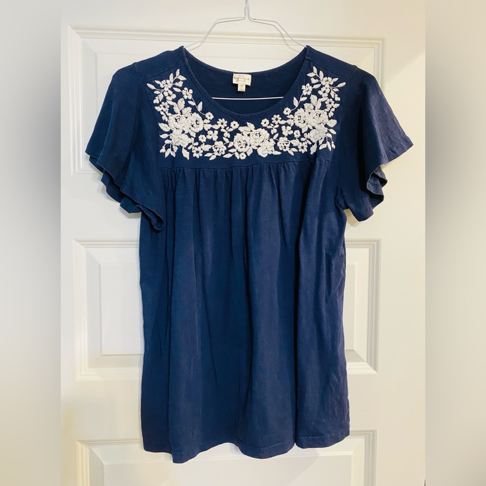 Keep in Touch Navy Blouse White Embroidery